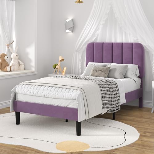 Image of VECELO Twin Size Bed Frame with Upholstered Headboard, Velvet Platform Bedframe Mattress Foundation, Strong Wood Slat Support, No Box Spring Needed,Purple