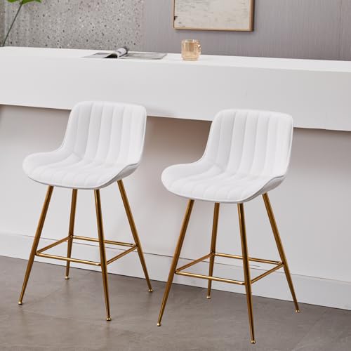 Image of Sidanli Gold Barstools Set of 2, White Bar Stools with Gold Legs, Velvet Stools for Kitchen Island, 24inch Luxury Barstools with Adjustable Footrests