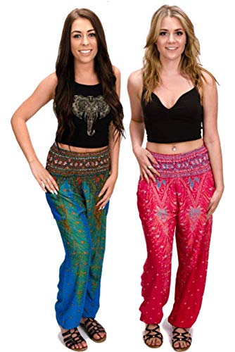 Happy Trunks Harem Pants - Flowy, Baggy Sweatpants for Women - Hippie Clothing - Pink and Blue Peacock Together