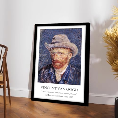 Image of Waltractive Vincent Van Gogh Paintings Framed Poster with Beautiful Quotes - Available in 33x22 and 48x33 CM - Classic Art Poster with sleek Black Frame - Elegant Home and Office Decor (Self-Portrait with Straw Hat, 9x13 Inch, Framed)