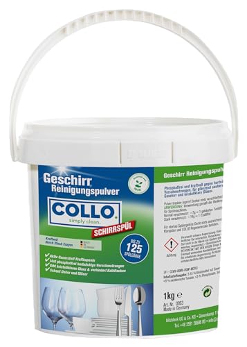 COLLO Lavavajillas en polvo para lavavajillas, 1 kg, sin fosfatos, muy eficaz para lavavajillas en polvo para vajilla brillante, brillo transparente, hasta 125 lavados