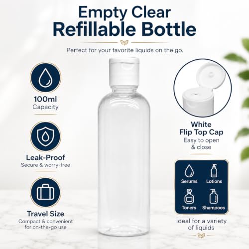 Image of MAPPERZ Empty Clear Refillable Bottles Travel Size, Cosmetic Containers Small Leak Proof Squeeze Bottles with White Flip Top Cap for Toiletries, Shampoo, Round, 100ml, Pack of 6