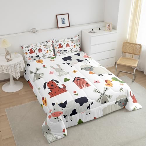 Image of Feelyou Cute Farm Animals Bedding Set Full Size, Kids Cartoon Sheeps Comforter Set Kawaii Dog Comforter Rabbit Cow Duvet Insert Bed Set 3Pcs