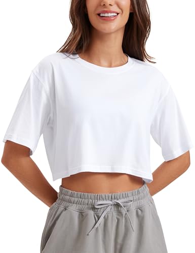 Image of CRZ YOGA Pima Cotton High Neck Crop T-Shirt | Workout, Naturally Soft, Loose Fit, Short Sleeve Tops for Women