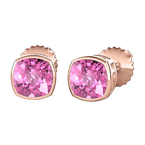 RUDRAFASHION Cushion Cut Pink Sapphire 14K Rose Gold Over Sterling Silver Fancy Party Wear Solitaire Bezel Set Stud Earrings For Women's & Girls (10MM)
