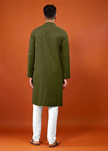 Image of Men's Rayon Blend Lucknowi Sequence Kurta Pyjama (Chickankari)