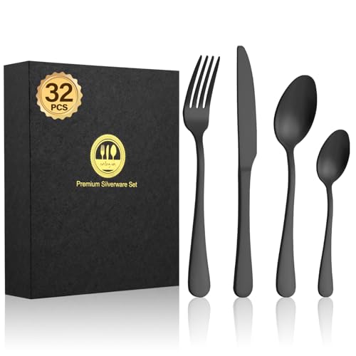 BEWOS 32-Piece Stainless Steel Cutlery Set, Matt Black Knives and Forks Set, Service for 8, Spoon and Fork Set with Gift Box, Tableware Flatware Set with Fork and Spoon Set, Dishwasher Safe