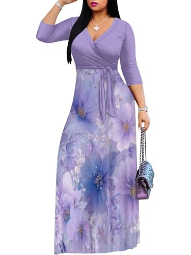 Image of Women's V Neck Floral Maxi Dress 3 /4 Sleeve Plus Size Boho Wrap Flowy Long Dresses with Belt