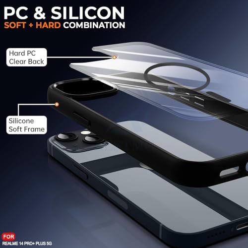 Image of AESTMO Realme 14 Pro Plus 5G Back Cover | 360 Protection | Crystal Clear Hard Back Transparent | Compatible with MagSafe Accessories for Realme 14 Pro Plus 5G (PC+TPU, Black Bumper)