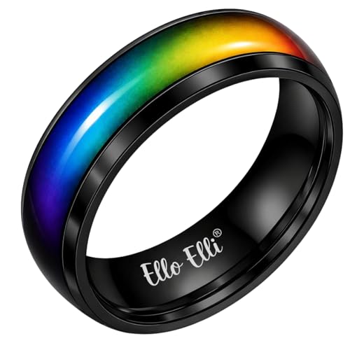 Ello Elli 8mm Color Changing Mood Ring for Men & Women Stainless Steel Comfort Fit Mood Ring Silver & Black Band