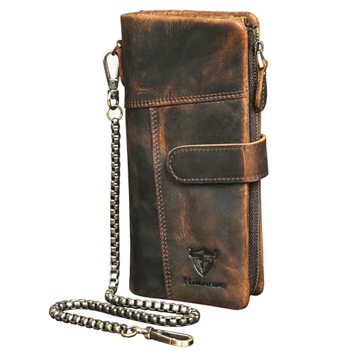 Image of Genuine Crazy Horse Leather Travel Gift Coin Pocket Card Case Long Organizer Chain Rfid Wallet Purse With Snap For Men Male 1803 1815 (1803B-Brown)