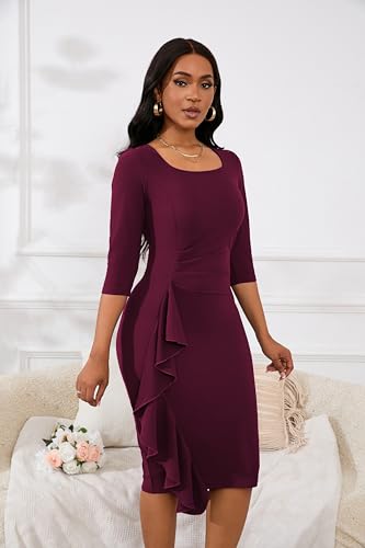 Image of Womens 1950s Vintage Bodycon Dress 3 /4 Sleeve Square Neck Cocktail Pencil Sheath Midi Dress Elegant