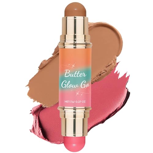 Multi-Purpose Blush Stick Dual-Ended,Butter Glow Contour Stick Wand Creamy Blendable Makeup for Face, Lightweight Formula Soft Matte Finish Nourishing Blush and Bronzer Combo
