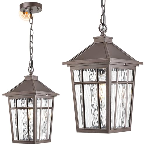 Image of Dusk to Dawn Outdoor Hanging Lantern Lights 15.2 Inch Large Porch Pendant Lights for House Doorway Aluminum Waterproof Outdoor Pendant Light with Water Ripple Glass E26 Socket