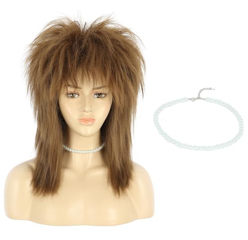 VGbeaty 70s 80s Mullet Women Shoulder Length Straight Brown Wig with Necklace Rock Disco Cosplay Party Halloween Costume Wig
