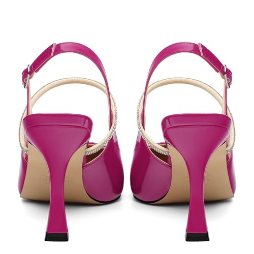 Women's Slingback Kitten Heels, Closed Pointed Toe Patent Leather Stiletto High Heel Pumps Crystal Ankle Strap Heels Party Wedding Dating Dress Shoes 3.35 Inch4