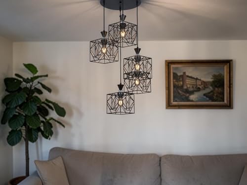 Image of Prop It Up Modern 5-Light Cluster Pendant Light | Industrial Geometric Metal Hanging Ceiling Lamp | Multi-Light Chandelier for Living Room, Dining Area, Staircase | E27 Holder (Black Finish)
