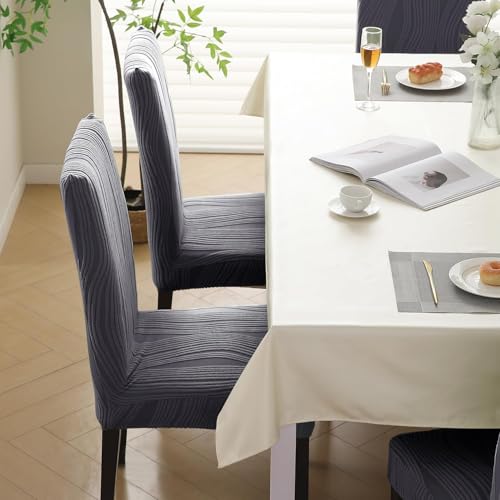 Image of HOKIPO 200 GSM Premium Knitting Jacquard Elastic Dining Table Chair Cover Set of 2, 'Nestiva Series' Porpoise Grey (NEW-AR-6072-GRY*2)
