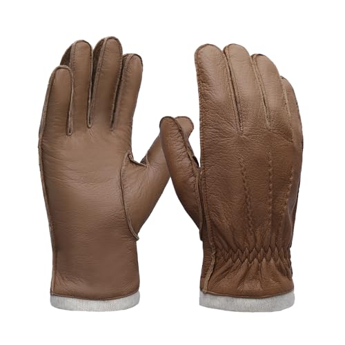 MGGMOKAY Guanti da uomo in pelle di cervo con fodera in cashmere,Cammello,S