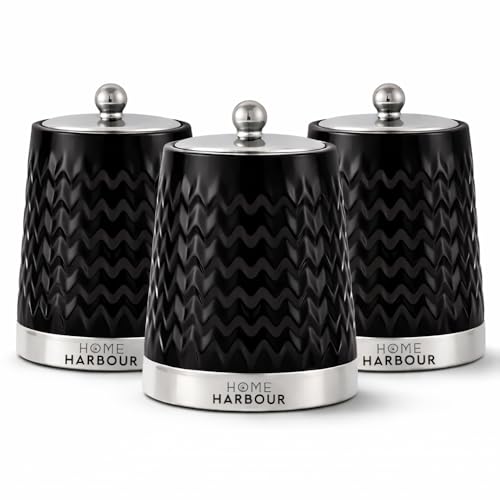 Home Harbour Eden Collection Set of 3 Tea Coffee Sugar Canisters | Modern Ceramic Gloss Jars with Airtight Lids | Kitchen Storage Solutions for Countertop Organisation Chrome Ball Lid (Black)