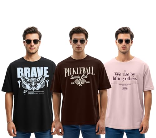 Image of Cotton Blend Oversized Baggy Fit Drop Shoulder Round Neck Graphic Printed Half Sleeve T-Shirt Combo for Men (Pack of 3)