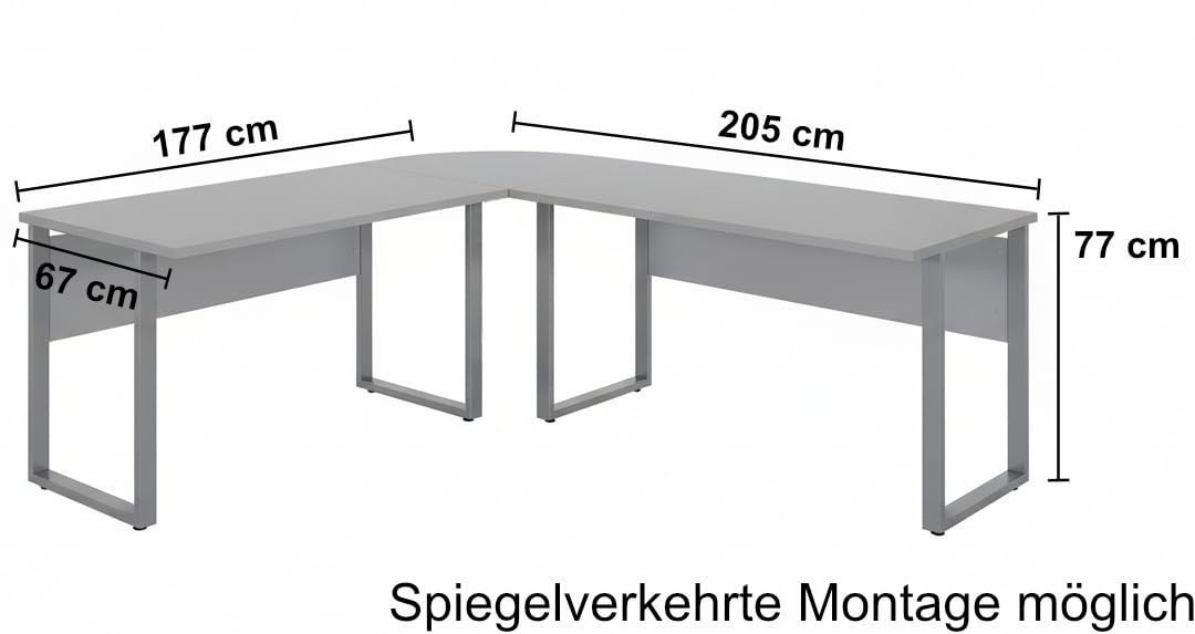 Winkelschreibtisch TABOR PRO mit Rollcontainer Schreibtisch Bürotisch lichtgrau weiß Hochglanz
