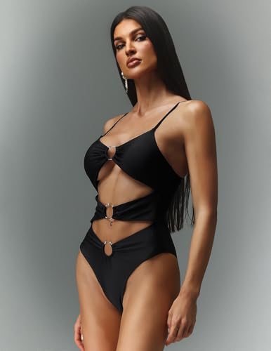 BELLA BARNETT Black Spaghetti Strap Hollow Out One Piece Swimsuit Women Chic High Waisted Women's Swimwear4