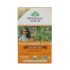 Organic India Tulsi Tea – Immune Active Organic Tea, Caffeine Free, Vegan, Gluten Free, Non GMO Herbal Supplement With Added Ginger and Cinnamon – Ayurvedic Spice (Pack of 1)