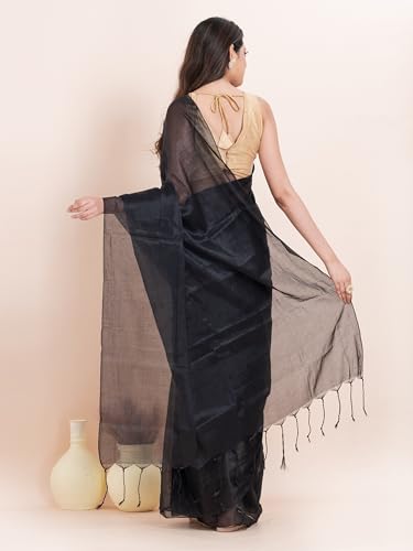 Image of Women's Tissue Cotton Saree | Plain Lightweight Tassel Pallu Saree with Blouse
