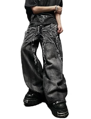Y2K Goth Baggy Pants Wide Leg Ripped Jeans Embroidered Straight Leg Pants Vintage Hip Hop Grunge Denim Jeans