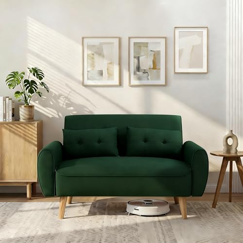 Image of Shintenchi 48'' Loveseat Sofa, Mid-Century Modern Upholstered Couch Deep Seat with 2 Pillows, 10 inch Thick Cushion with Spring, Solid Wood Frame Small Couch for Living Room, Dorms & Office, Green