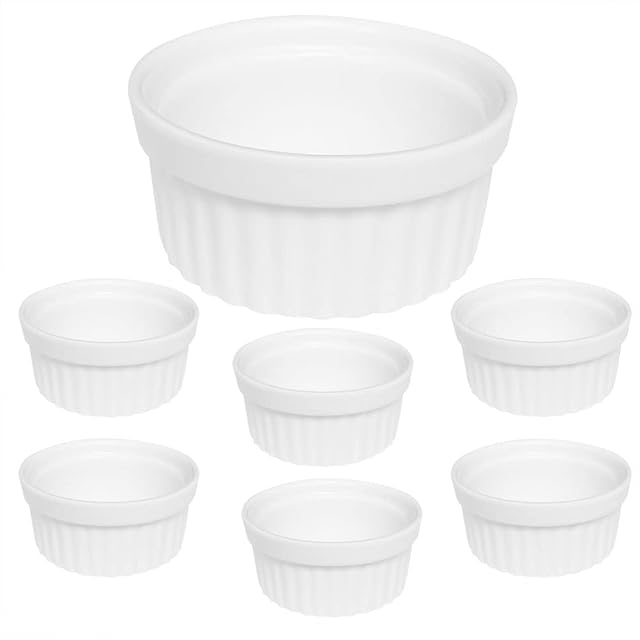 Albedel 6 pcs Porcelain Souffle Dishes Ramekins Dipping Sauces Baking and Cooking Bakeware Baking Cups Bowls White for Pudding Desserts Creme