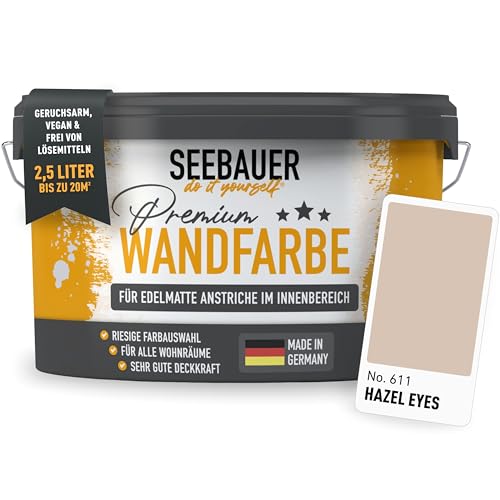 SEEBAUER diy Wandfarbe Braun 2,5L für Innen (No. 611 Hazel Eyes) Edelmatte hellbraune Innenfarbe - Brauntöne sehr hohe Deckkraft - Matt, Abwaschbar und Tropffrei