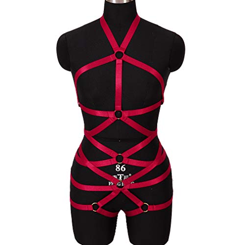 Body Harness Full For Women Garter Belts Set Strappy Elastic Adjust Punk Gothic Art Wear (Wine Red-Mlcn0072) One Size #TOP2
