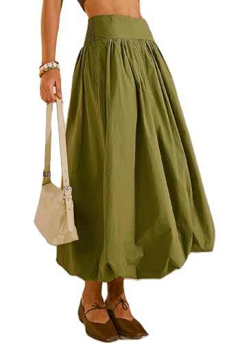 Women's Bubble Long Skirt Elastic Waist A-Line Pleated Ruffle Flowy Balloon Maxi Skirts with Pockets