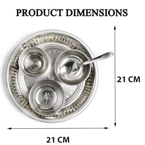 Image of Mor Pankh & Bansuri Stainless Steel Pooja Thali Set with Katori, Glass & Chamach | Food-Grade Aarti /Bhog Thali | Rust-Resistant, Easy-Clean | for Daily Pooja & Festivals