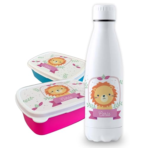 CUAC REVOLUTION Pack vuelta al cole diseño leon botella personalizada + fiambrera personalizada con texto para el colegio o guardería. Libre BPA y reutilizable | Bebidas frías y calientes hasta 12h