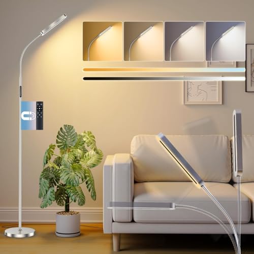 LED Floor Lamp 12w 1400lm, Dimmable Standing Lamps with Remote, 4 Colour Temperature, 1H Timer, Memory Function, Modern Reading Light with Adjustable Gooseneck for Living Room Bedroom Office, Nickel