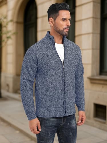 Les umes Mens Knitted Full Zipper Cardigan Fleece Lined Sweater Warm Stand Collar Jumper Coat with Pockets3