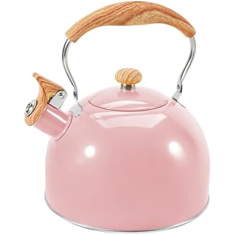 GGC Tea Kettle for Stove Top, 85OZ/2.6QT Whistling Tea Kettles for Boiling Water Milik or Coffee, Pink Stainless Steel Tea Pots with Wood Pattern Folding Handle, Thumb Design Control Kettle Outlet Cover