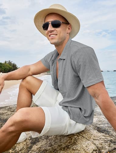 Vssjavun Mens Short Sleeve Button Down Shirts Casual Hollow Out Summer Beach Shirt
