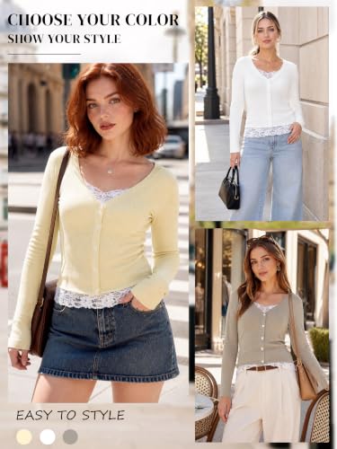 Image of Womens Lace Long Sleeve Top Paneled Henley Shirts Y2k 2000s Fitted Going Out Tops Blouse