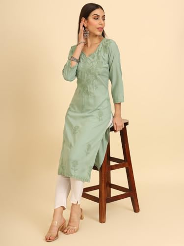 Image of Women's Chikankari-Lucknowi Embroidered Work | 3 /4 Sleeve | Knee Length | Round Neck | Cotton Fabric | Straight Kurta