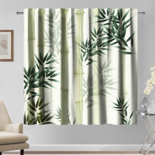 Kzzfqxb 117x138cm 2 Panneaux Rideaux de Peinture Chinoise, Vert Droit Bambou Feuilles Classique Dessin à l'Encre Drapés de Fenêtre pour Salon Chambre