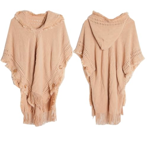 JOAU Women's Cable Knit Poncho Sweater Casual Hooded Pullover Shawls Wraps Warm Fashion Tassels Shawl with Decorative Button