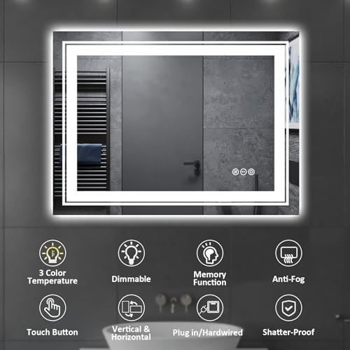 32" x 24" LED Bathroom Mirror with Lights, Front and Backlit Mirror, Anti-Fog Lighted Vanity Mirror, Stepless Dimmable, 3 Colors LED Mirror (Horizontal/Vertical)