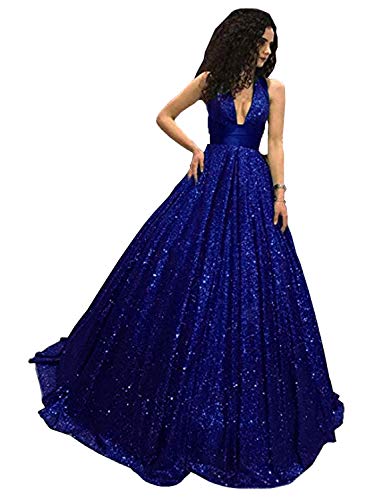Meijia Handicraft Sparkly Glitter V Neck Evening Dresses Criss-Cross Back Long Prom Gown Cheap ME074 Royal Blue