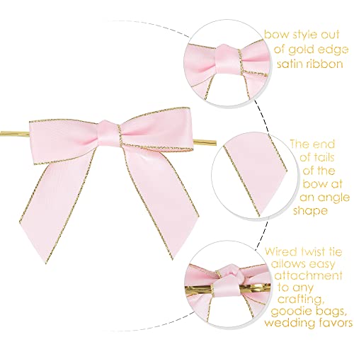 Aimudi Pink Twist Tie Bows For Treat Bags 3.5" Premade Pink And Gold Bows For Crafts Pre-Tied Pink Bows For Baby Shower, Cello Bags, Wedding Favors, Gift Wrapping, Party Decorations, 50 Counts #TOP1
