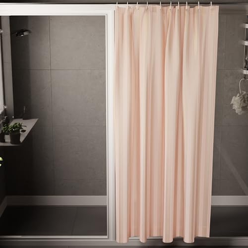 Image of Encasa XO Waterproof Shower Curtain for Bathroom 6 x 6.5 feet(183x200 cm), Anti-Fungal Polyester Washroom Curtain with 12 Hooks, Wet & Dry Partition Toilet Curtains Stripe Peach