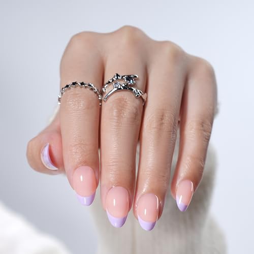 French Tip Press On Nails, Short Almond Purple Tip Design Fake Nails, Reusable Purple Press On Nails with Glue for Women, 32pcs Set in 16 Sizes | Salon Quality